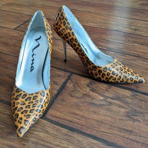 Nina Patent Cheetah and Chrome Stiletto Heels